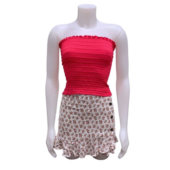White Floral Ruffle Mini Skirt with Red Flowers High Waist Hollister Small - Picture 7 of 11